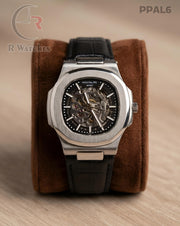 (OS)🖤⭐ Patek Philippe Automatic Leather Silver Black (PPAL6)