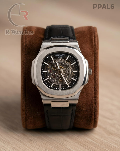 (OS)🖤⭐ Patek Philippe Automatic Leather Silver Black (PPAL6)