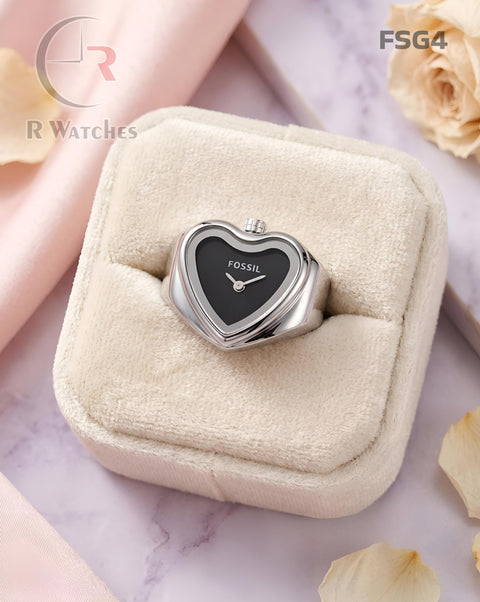 (OS)🖤⬆️ Fossil Girls Ring Heart Silver Black (FSG4)