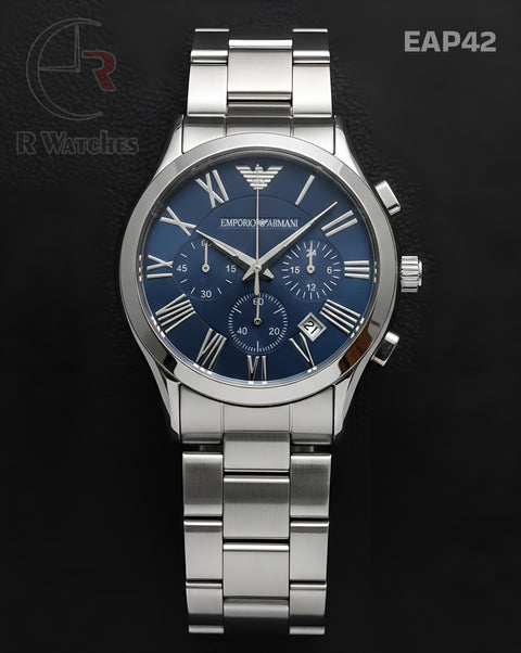 (SS)🖤 Armani Metal Silver Blue Roman Dial (EAP42)