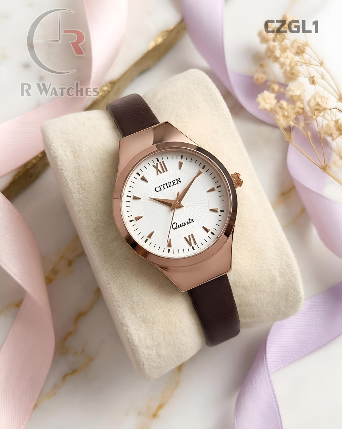 (OS)🖤 Citizen Girls Leather brown Rose Gold White (CZGL1)