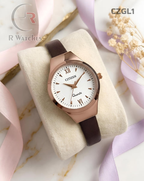 (OS)🖤⬆️🔁 Citizen Girls Leather brown Rose Gold White (CZGL1)