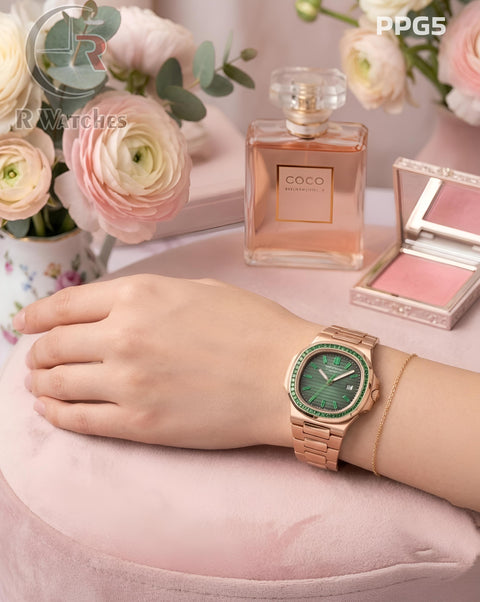 (OS3)🖤⬆️ Patek Philippe Girls Diamond Rose Gold Green (PPG5)