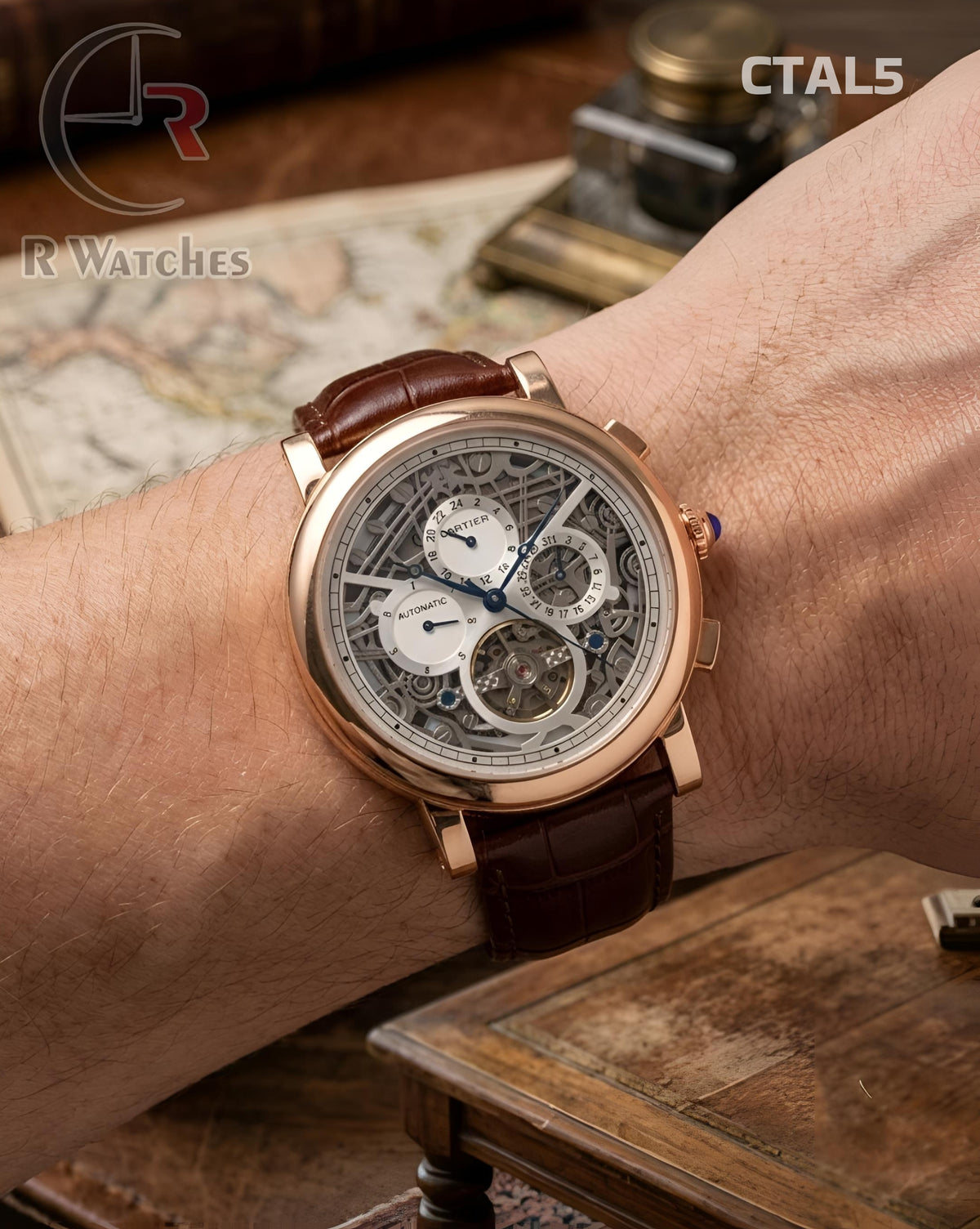 (OS4)🖤⭐ Cartier Automatic Leather Rose Gold Grey Dial (CTAL5)