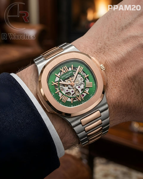 (OS)🖤⭐ Patek Philippe Automatic Rose Gold Green Roman Dial (PPAM20)