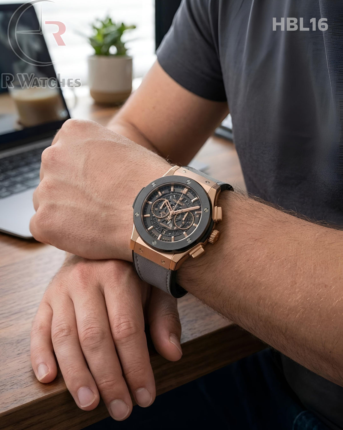 (OS2)🖤Hublot Machinery Leather Black Rose Gold Grey (HBL16)
