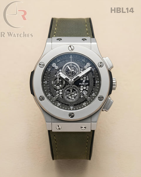 (SS)🖤⬆️ Hublot Machinery Leather Silver Green (HBL14)