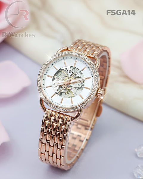 (SS)🖤⬆️⭐ Fossil girls automatic rose gold white (FSGA14)