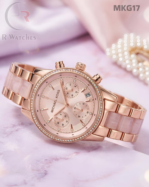 (OS2)🖤⭐ MK Girls Rose Gold Pink Dial (MKG17)