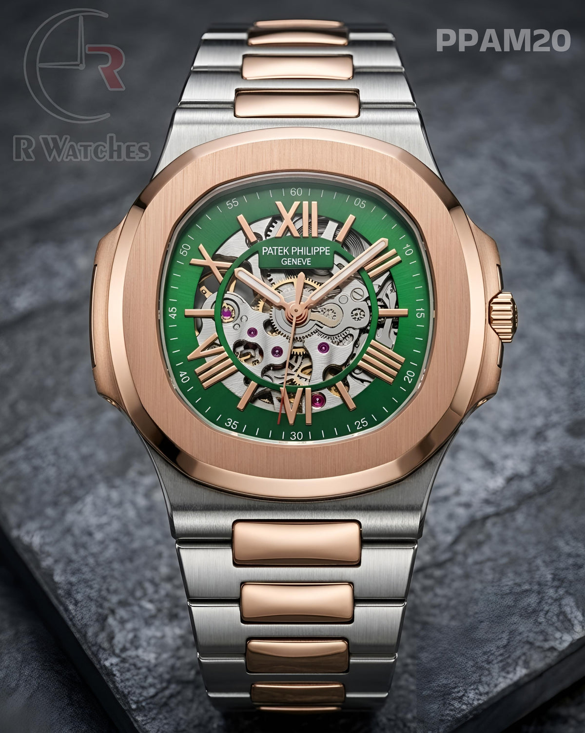 (OS)🖤⭐ Patek Philippe Automatic Rose Gold Green Roman Dial (PPAM20)