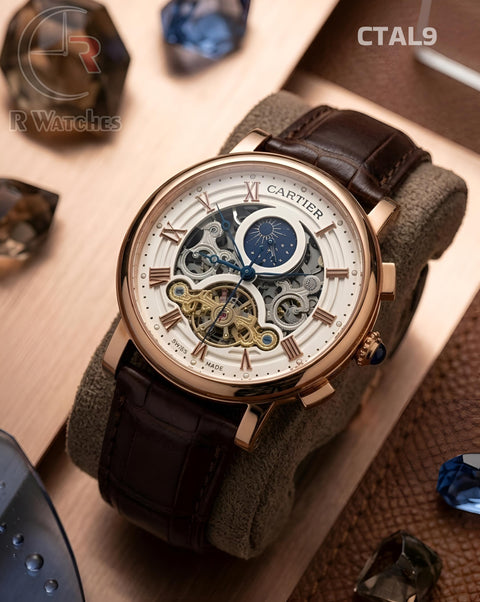 (OS)🖤⭐ Cartier Automatic Leather Rose Gold White Roman Dial (CTAL9)