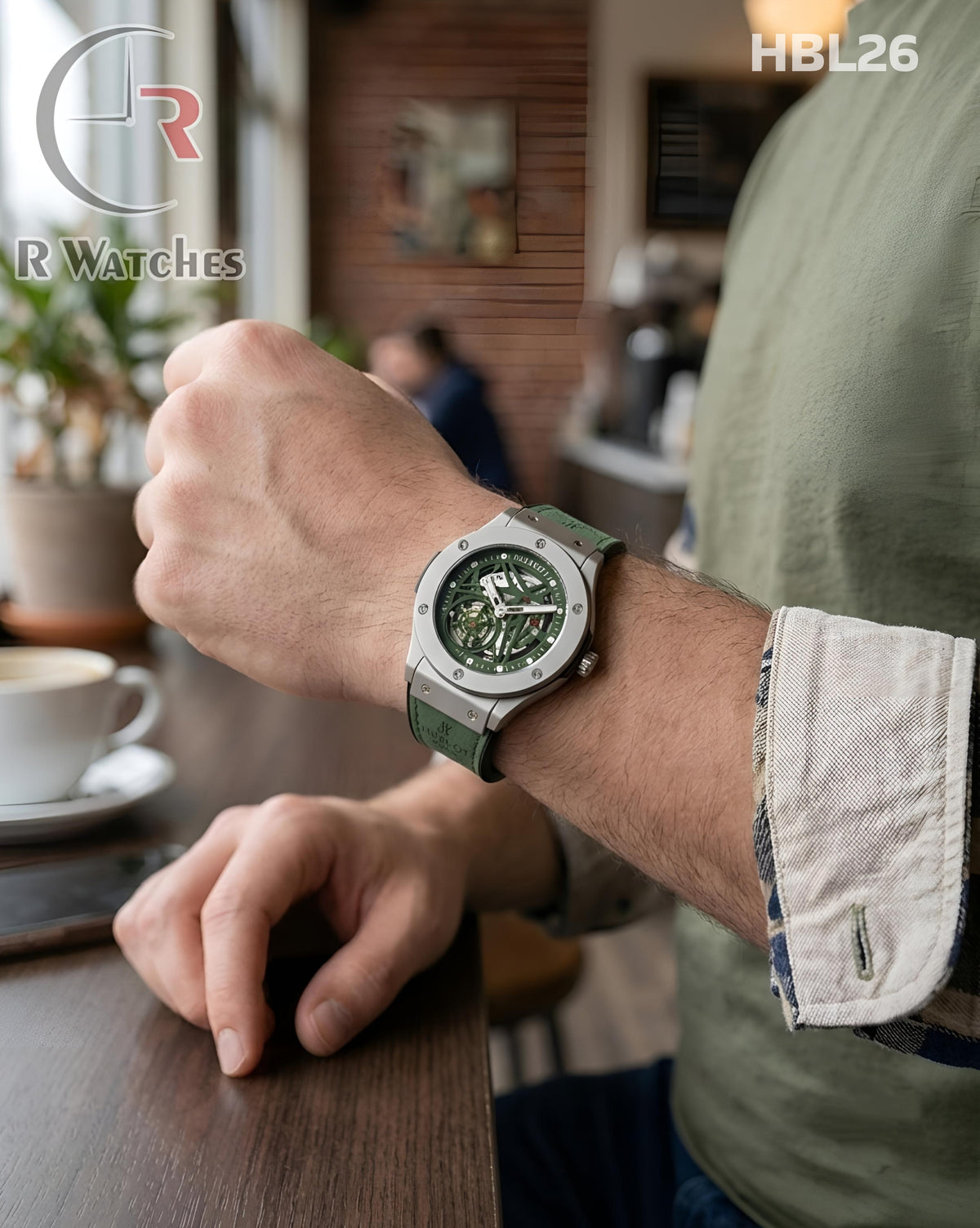 (SS)🖤⬆️ Hublot Machinery Leather Silver Green (HBL26)