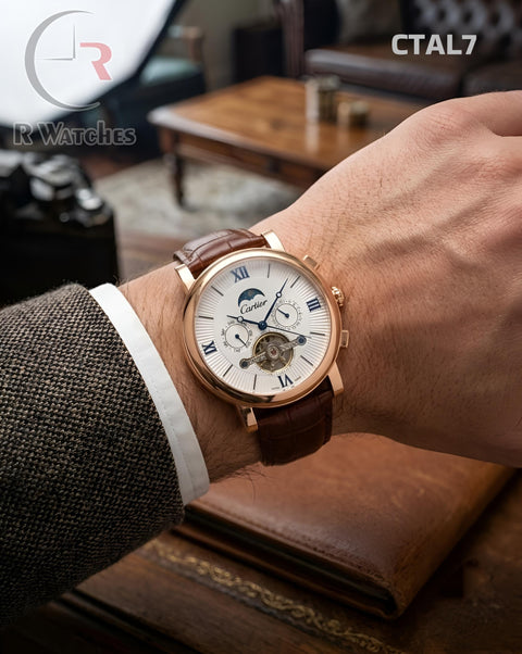 (OS2)🖤⭐ Cartier Automatic Leather Rose Gold White Roman Dial (CTAL7)