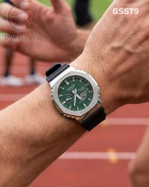 (OS4)🖤⬆️🔁⭐ G-Shock ga 2100 green dial silver black (GSST9)