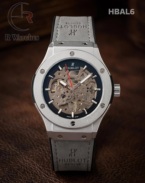 (SS)🖤⬆️⭐ Hublot Automatic Leather Grey Silver Black Dial (HBAL6)