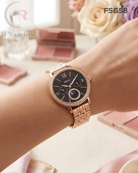 (OS)🖤⬆️ Fossil Girls Rose Gold Black Dial (FSG58)