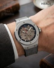 (SS)🖤⬆️⭐ Hublot Automatic Leather Grey Silver Black Dial (HBAL6)