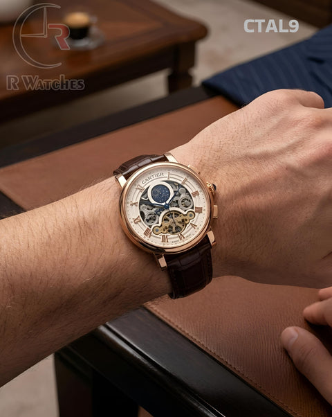 (OS)🖤⭐ Cartier Automatic Leather Rose Gold White Roman Dial (CTAL9)