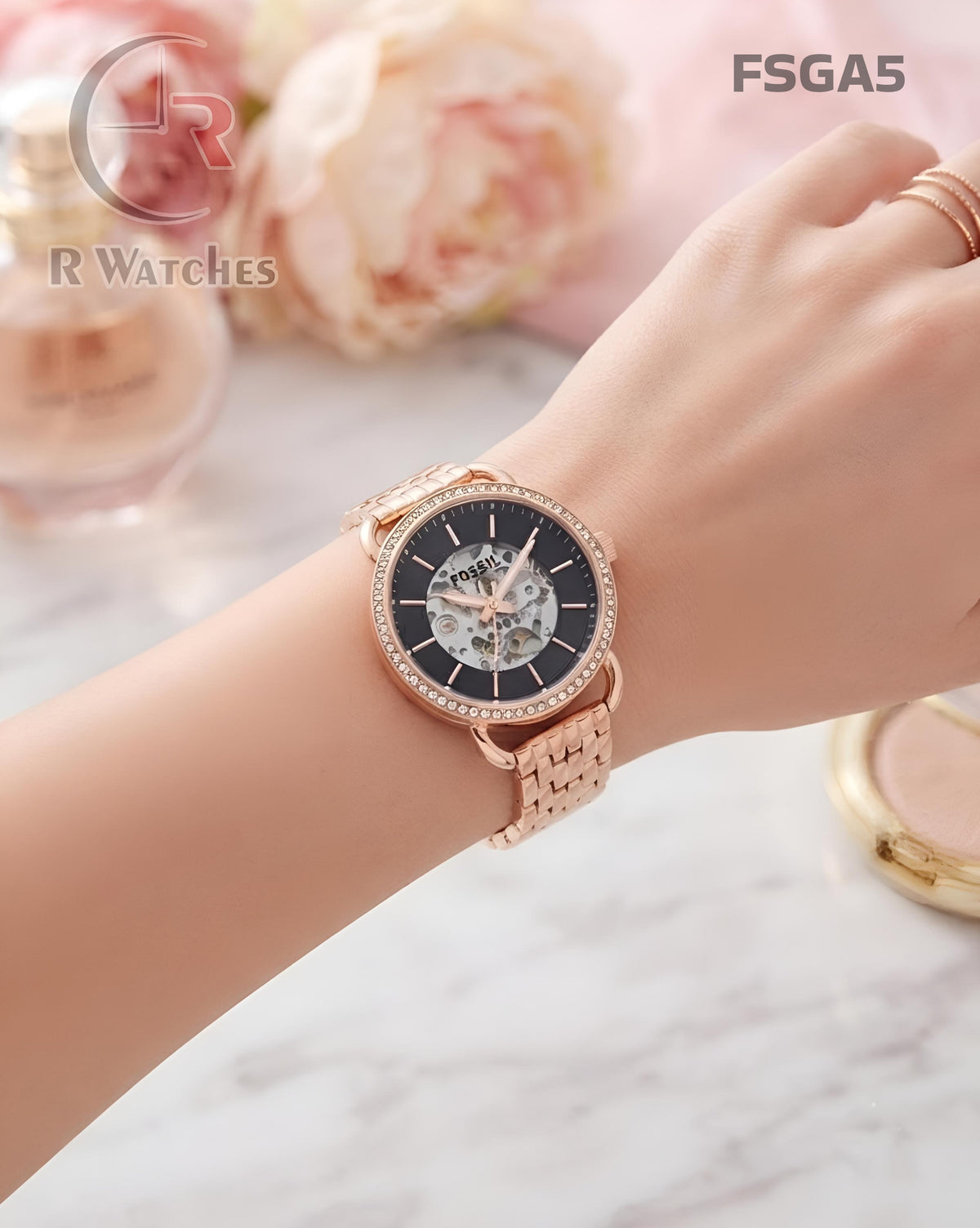 (SS)🖤⬆️⭐ Fossil Girls Automatic Diamond Rose Gold Black (FSGA5)