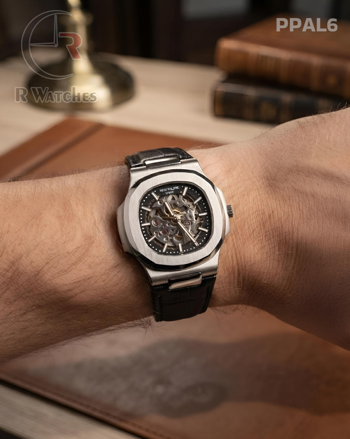 (OS)🖤⭐ Patek Philippe Automatic Leather Silver Black (PPAL6)