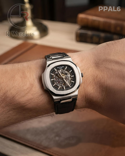 (OS)🖤⭐ Patek Philippe Automatic Leather Silver Black (PPAL6)