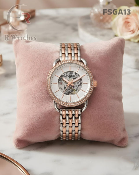 (SS)🖤⬆️ Fossil Girls Automatic Diamond Rose Gold White (FSGA13)